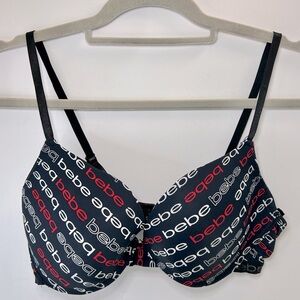Bebe Lightly Lined Logo Print Adjustable Strap Black, Red, White Bra 36D